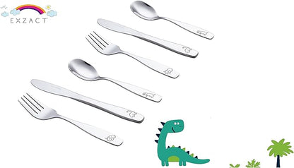 Exzact Kids Flatware 6 Pieces Stainless Steel Children Silverware 2 x Forks, 2 x Knives, 2 x Spoons,Toddler Utensils, Dishwasher Safe, 24 Months+ (Dinosaurs Engraved)