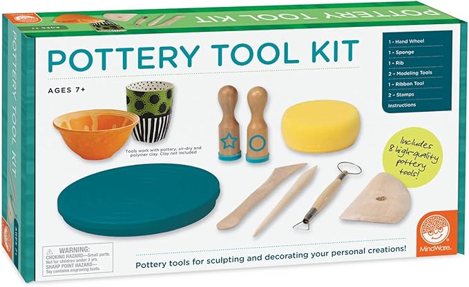 MindWare Beginner Pottery Tool Kit for Kids - 8 Piece Set Includes Hand Wheel, Sponge, Rib, Molding Tools and More