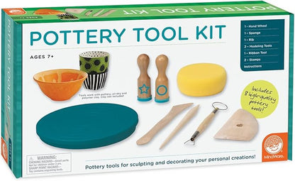 MindWare Beginner Pottery Tool Kit for Kids - 8 Piece Set Includes Hand Wheel, Sponge, Rib, Molding Tools and More
