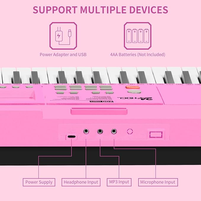 Kids Keyboard 61 Keys, Beginner Electronic Piano with One-Key Teaching 100 Tones & Rhythms, Portable Music Keyboard for Children with Microphone, Music Stand [Pink, Piano with Stand]