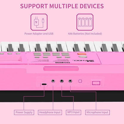 Kids Keyboard 61 Keys, Beginner Electronic Piano with One-Key Teaching 100 Tones & Rhythms, Portable Music Keyboard for Children with Microphone, Music Stand [Pink, Piano with Stand]