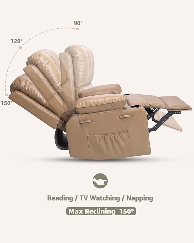 22'' Leather Recliner Chair for Adults, Overstuffed Manual Recliner Chair, Single Sofa with Cup Holder and Side Pockets, Upholstered Chair for Living Rooms, Tan