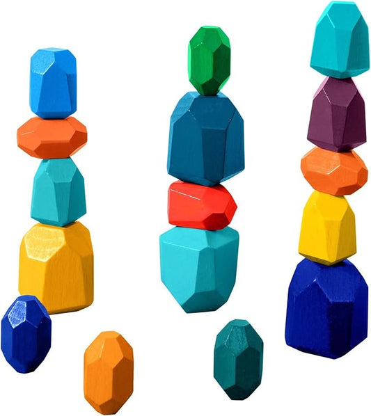 WODI Wooden Rainbow Stacking Stones 16Pcs Wood Sorting Balancing Rocks Blocks Montessori Educational Toys for Toddler Kids 3 Years Up Developing Skills