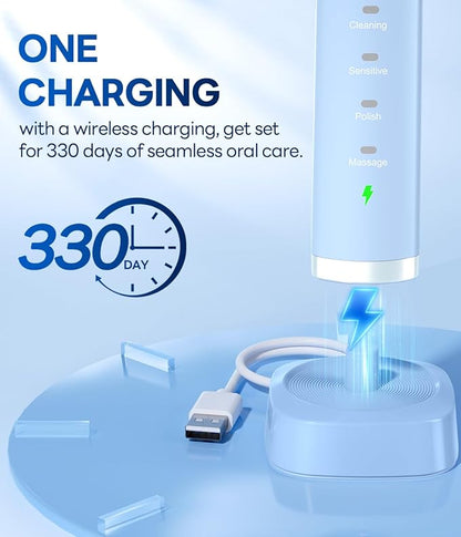 Bymore Electric Toothbrush for Adults,Travel Sonic Toothbrush with 8 Replacement Heads, Ultra Clean Rechargeable Toothbrush Portable One Charge for 330days 5 Modes 2mins Timer-Sky Blue