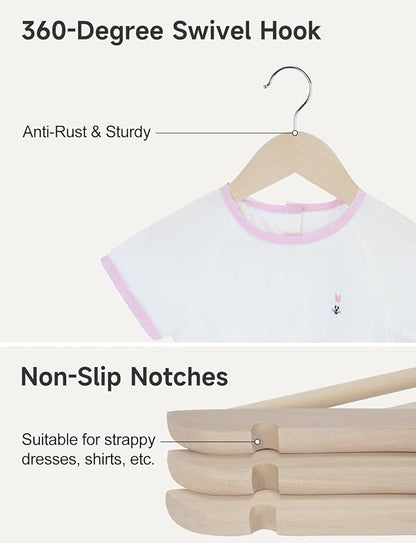 StorageWorks Baby Clothes Hangers, Kids Wooden Hangers with Pant Bar, 20-Pack Natural Wood Hangers for Toddler, Children's Coat Hangers for Closet, Solid Lotus Wood Hangers, Natural Lotus Wood Color