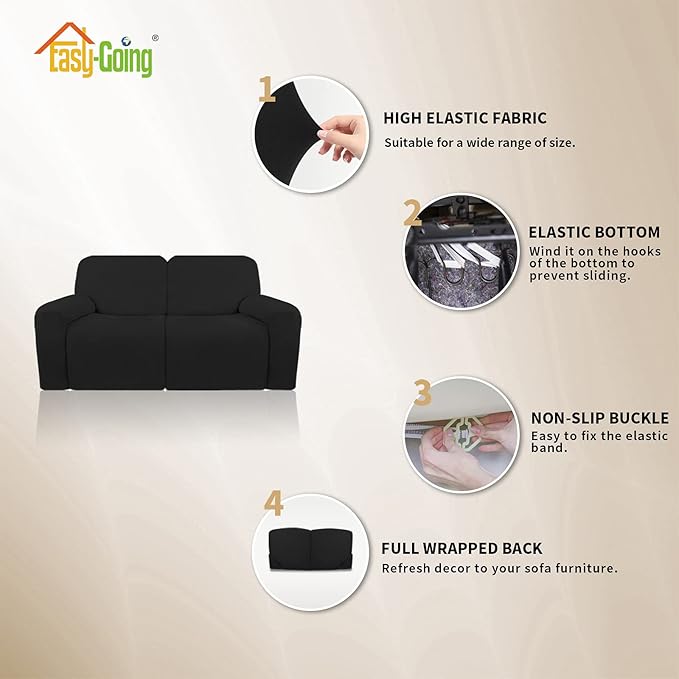 Easy-Going Oversized 6 Pieces Microfiber Stretch Sectional Recliner Loveseat Sofa Slipcover Soft Fitted Fleece 2 Seats Couch Cover Washable Furniture Protector with Elasticity for Kids Pet Black