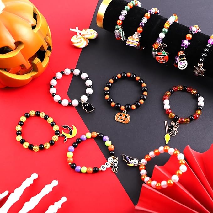12pcs Halloween Bracelets for Kids, Halloween Party Favors Bead Bracelets and Charms Set Trick or Treat for Boys Girls Halloween Goodie Bag Fillers