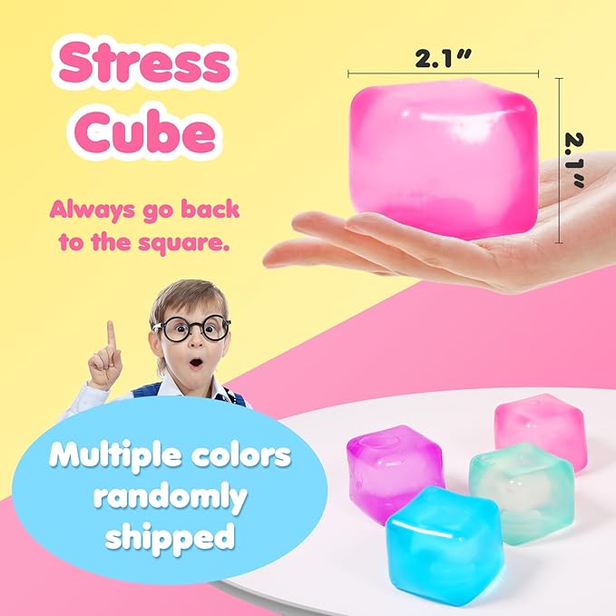 2pack Stress Cube Squishy Stress Balls for Adults Kids Fidget Toy for Your Best Mellow and Chill -Ice Cubes-Square Shape with Filling in Pink Purple Blue (2pcs Cube )
