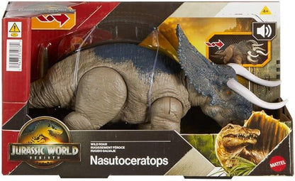 Mattel Jurassic World Rebirth Wild Roar Nasutoceratops Dinosaur Toy with Tail-Controlled Chomp Multi-Direction Attack & Sound, Posable & Digital Play