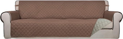 PureFit Reversible Quilted Sofa Cover, Water Resistant Slipcover Furniture Protector, Washable Couch Cover with Non Slip and Elastic Straps for Kids, Dogs, Pets (XX Large, Brown/Beige)