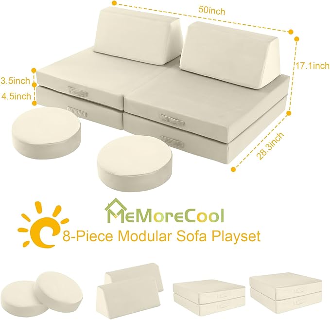 MeMoreCool Modular Kids Play Couch, Beige Foam Sofa and Fort Explorer Building Set for Toddlers and Playroom