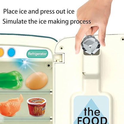 Kitchen Toys Fridge Refrigerator with Ice Dispenser Pretend Play Appliance for Kids, Play Kitchen Set with Kitchen Playset Accessories for Boys & Girls Music and Light