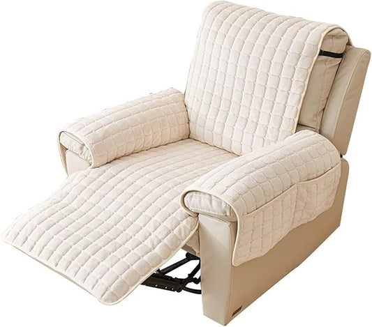 Plush Recliner Slipcover 30 Inches Washable Chair Covers Artificial Wool Lazy Boy Cover Quilted Cover for Recliner Chairs and Furniture,Large Taupe Chair Protector with Side Pocket for Kids/Pets