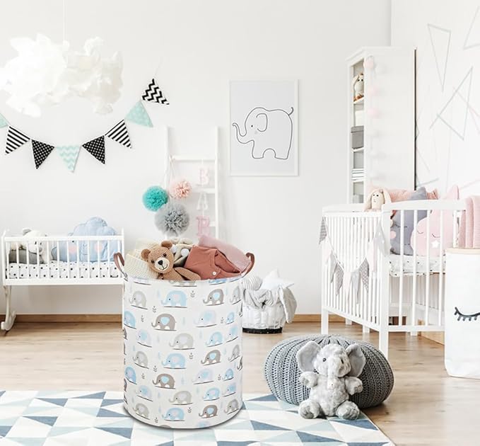 NTAOHAMPER Laundry Hamper, Elephant laundry Basket, Nursery Hamper, Waterproof Storage Bin for Bedroom, Clothes Organizer Basket, Room Decor(Blue Elephant)