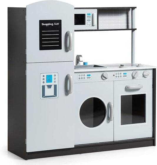 Costzon Kids Kitchen Playset, Wooden Pretend Play Toy Set with Realistic Sound, Microwave, Oven, Washing Machine, Refrigerator, Sink, Play Kitchen for Toddlers, Gift for Boys Girls Age 3+