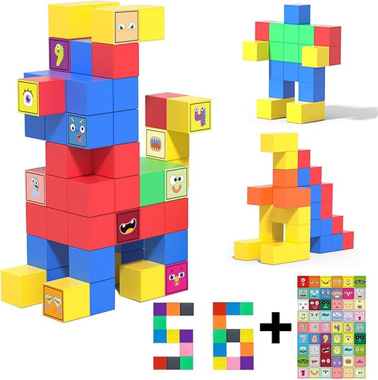 Magnetic Blocks for Kids Ages 4-8, 56 Magnetic Building Cubes & 54 Educational Stickers, STEM Magnet Cube Toy for Boys & Girls. Magnetic Cubes for Learning & Creative Play - Birthday