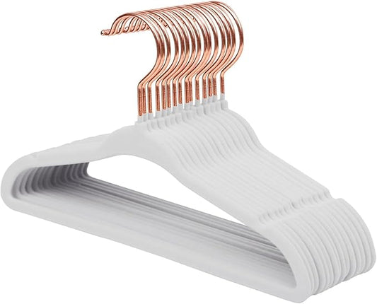 ManGotree Baby Velvet Hangers with 360° Swivel Rose Gold Hook, 10.95" Non-Slip Toddler Hangers, Ultra Thin Space Saving Infant Hangers for Kids Clothes, 15 Pack (White)