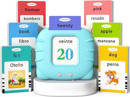 Kidzdo Spanish and English Audible Toys, Bilingual Español/English Talking Flash Cards with Music for Preschool,Kindergarten Toddler 2 3 4 5 6 to Learn Spanish English