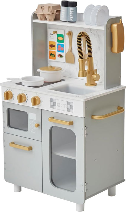 Teamson Kids Little Chef Memphis Small Wooden Play Kitchen with Interactive, Realistic Features, and 16 Kitchen Accessories - for 3yrs and up, Pretend Play House, Restaurant - Gray/Gold/Faux Marble