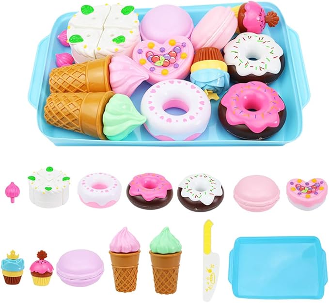 Play Food Sets for Kids Kitchen - Kitchen Accessories for Kids - Toy Food - Pretend Play Plastic Desserts Cake Ice Cream and Donuts - Educational Toy Gift for Toddler, Boys, Girls, Kids