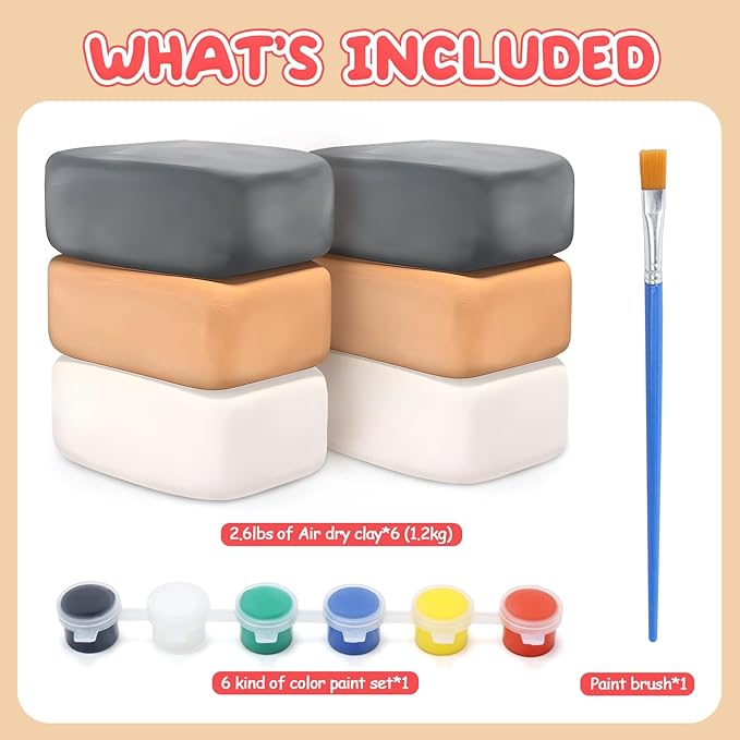 Skirfy Pottery Clay Air Dry Clay Kit,2.6lb of Clay Paint with 6 Paint Pots&Paint Brush,Ceramic Clay Pottery Clay for Wheel,Clay Making Kit for Kids Art Craft for Kids 6+,White,Gray,Nature Color