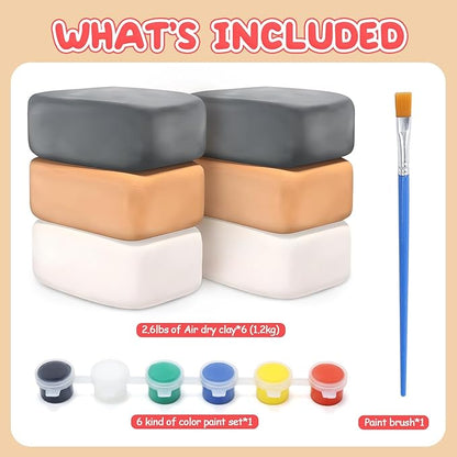 Skirfy Pottery Clay Air Dry Clay Kit,2.6lb of Clay Paint with 6 Paint Pots&Paint Brush,Ceramic Clay Pottery Clay for Wheel,Clay Making Kit for Kids Art Craft for Kids 6+,White,Gray,Nature Color