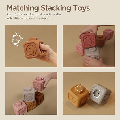 Nueplay 7 Pcs Soft Building Blocks, Sensory Stacking Squeeze Toys with Horse Figure, Newborn Essentials for 6 12 18 Months Baby Toddler Girls