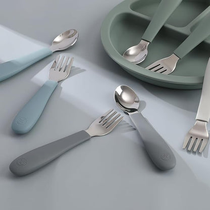 CoixFoam 8 Pieces Toddler Utensils, Toddler Safe Silverware Set With Food Grade Silicone Hanlde, 18/8 Stainless Steel, Perfect Length For New Self Feeders, Dishwasher Safe