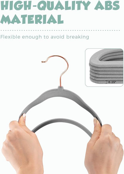 Smartor Kids Velvet Hangers 50 Pack, 14'' Inch Premium Non Slip Kids Felt Hangers for Closet, Space Saving Toddler Clothes Hanger for Youth's Childrens' Clothes (Rose Gold Hook)- Grey