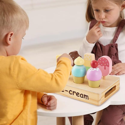 HERSITY Wooden Ice Cream Stand for Kids, Ice Cream Popsicle Toy Pretend Play Food Kitchen Accessories Playset Ice Lolly Shop Games for Toddlers Girls Boys 3 4 5 Years Old