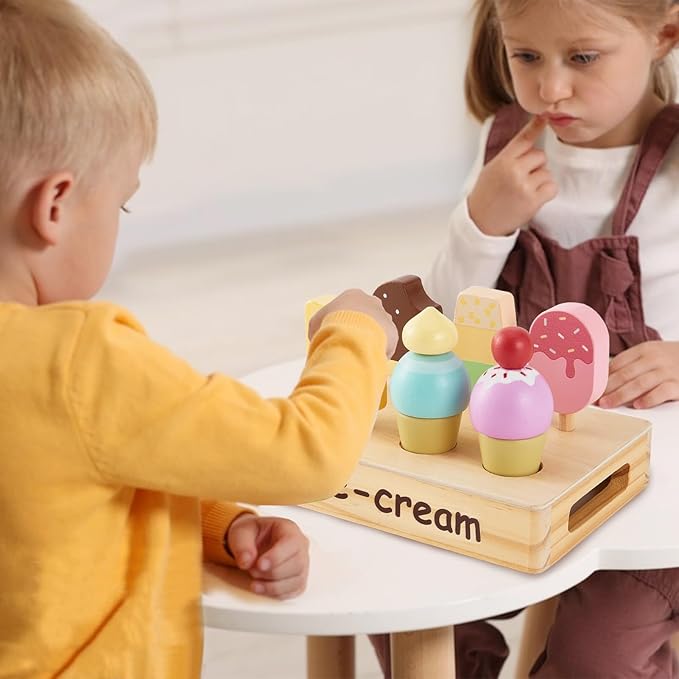 HERSITY Wooden Ice Cream Stand for Kids, Ice Cream Popsicle Toy Pretend Play Food Kitchen Accessories Playset Ice Lolly Shop Games for Toddlers Girls Boys 3 4 5 Years Old