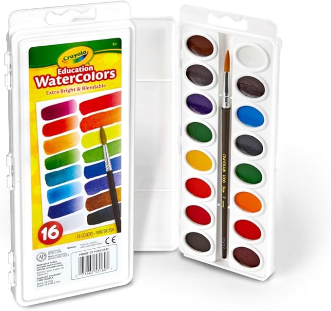 Crayola Watercolor Paint Set (16 Count), Washable Paint for Kids, 1 Paint Brush, Arts & Crafts Supplies, Assorted Colors, Ages 4+