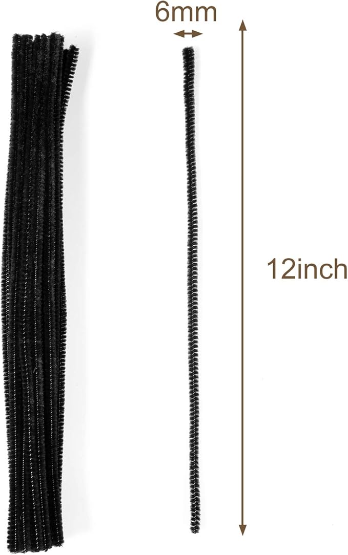 Caydo 200 Pieces Halloween Black Pipe Cleaners Craft Chenille Stems Bulk for Kids DIY Art Creative Crafts and Halloween Decoration (12 Inch x 6 mm)