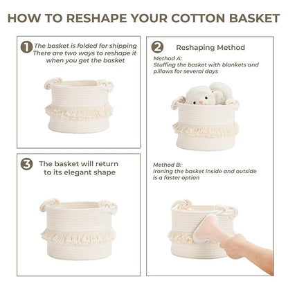 CherryNow Small Woven Storage Baskets, 9.5'' x 7'' inches Cotton Rope Decorative Hamper for Diaper, Blankets, Magazine and Keys, Cute Tassel Nursery Decor - Home Storage Container, Off-white