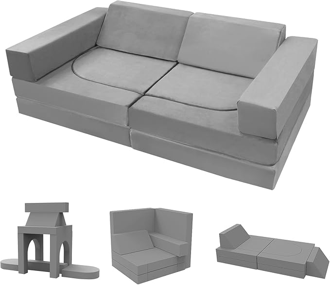 MeMoreCool 10-Pieces Kids Play Couch, Toddler Couch for Playroom, Grey