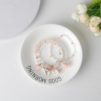 DS 4PCS Beaded Charm Bracelets for Teen Girls Dainty cute cartoon Crystal Beads Pearl Bracelets anklets set for woman and girls Adjustable Stretch bracelet birthday Gift For Friends