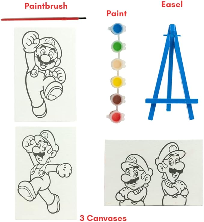 Innovative Designs Super Mario Canvas Paint Set for Kids with 3 Canvases, Acrylic Paint