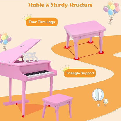 GLACER Classical Kids Piano, 30 Keys Wood Toy Grand Piano w/Bench Music Stand Full-Size Keys, Charming Tones & Sounds, Musical Instrument Educational Toy for Girls and Boys (3 Straight Leg-Pink)
