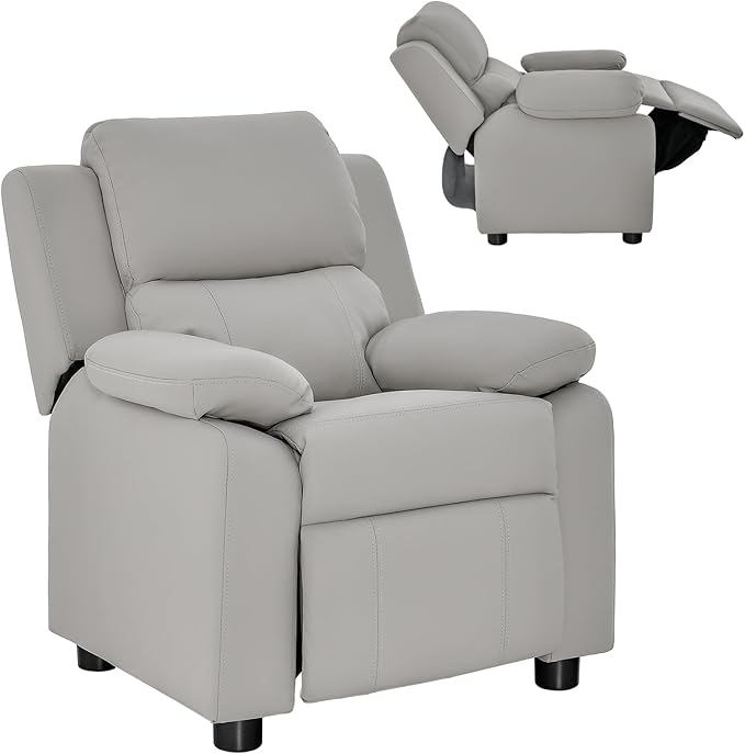 Costzon Kids Recliner, Leather Recliner Chair w/Footrest, Armrest Storage, Headrest & Lumbar Support, Ergonomic Lounge Chair for Living & Gaming Room, Adjustable Recliner Sofa for Boys Girls (Gray)
