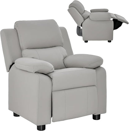 Costzon Kids Recliner, Leather Recliner Chair w/Footrest, Armrest Storage, Headrest & Lumbar Support, Ergonomic Lounge Chair for Living & Gaming Room, Adjustable Recliner Sofa for Boys Girls (Gray)