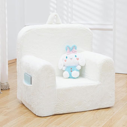 Snuggly-Soft Cuddly Toddler Plush Armchair for Boys and Girls Fuzzy Plush Kids Sofa Couch Reading Chair with Children Friendly Handle for Easy Movement & Double Pockets for Good Storage, Cream