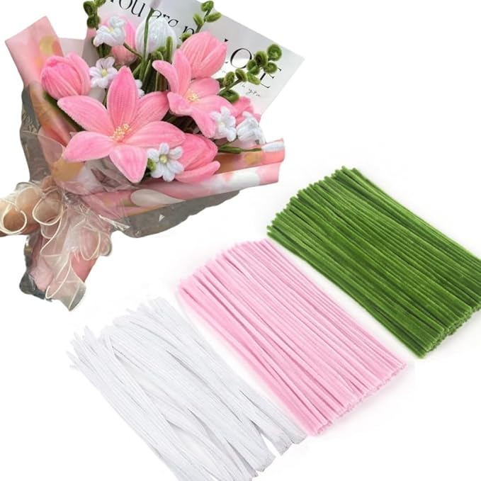 300 Pcs Thick Pipe Cleaners Craft Supplies 3 Assortment Pastel Pink,White,Green Color Chenille Stems for Art and Craft Projects Creative DIY Decorations,Gifts for Mom (Lily color-300pcs)