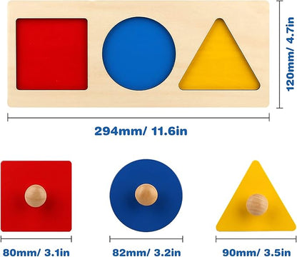 Montessori Multiple Shape Puzzle First Shapes Jumbo Knob Wooden Puzzle Geometric Shape Puzzle Toddler Preschool Learning Material Sensorial Toy for Toddler Shape & Color Sorter (3 Pieces)