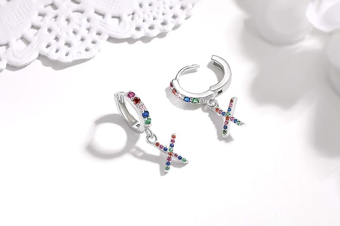 Presentski Initial Earrings 925 Sterling Silver Colorful Huggie Small Hoop Earrings Rainbow CZ Drop Dangle Simple Alphabet Earrings S925 Hypoallergenic Earring Letter A-Z for Daughter Women