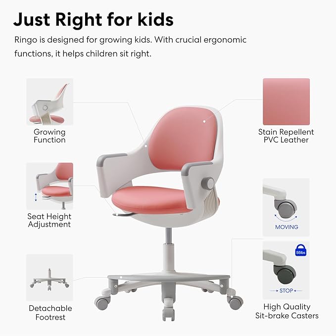 SIDIZ Ringo Kids Desk Chair : Ergonomic Kids Chair with Footrest, 4-Step Growing Function, Adjustable Seat Height, Sit-Locking Casters, Swivel Type Kids Chair (Rosy Pink Chair)