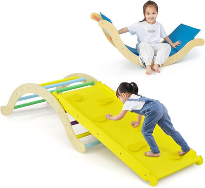 HONEY JOY Wooden Ladder Arch for Climbing, 3 in 1 Kids Climber Ladder & Rocker Board w/Cushion Pad, Toddler Climbing Toy Set for Playground, Gym & Daycare, Gift for Boys Girls(Colorful)