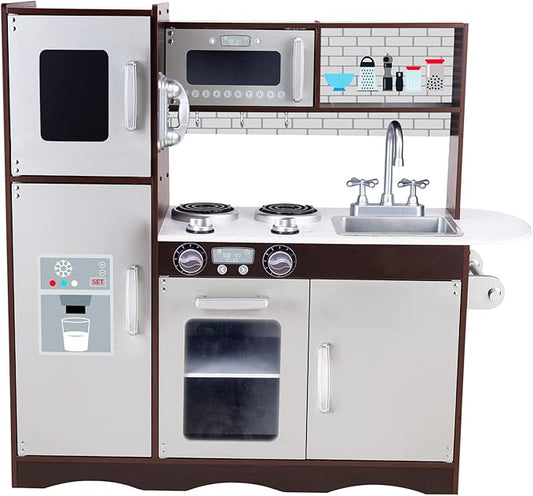 Kitchen Playset for Kids Ages 3-8, Wooden Pretend Play Kitchen with Realistic Sounds, Including Telephone, Ice Maker, Refrigerator, Dimensions: 35” H x 31” W x 12” D (Black)