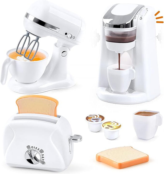 Play Kitchen Appliances Toys, Kids Kitchen Playset Accessories, Pretend Play Toy Sets with Coffee Maker, Mixer, Toaster with Realistic Lights & Sounds, Gifts for Boys Girls Toddlers Ages 3+, White