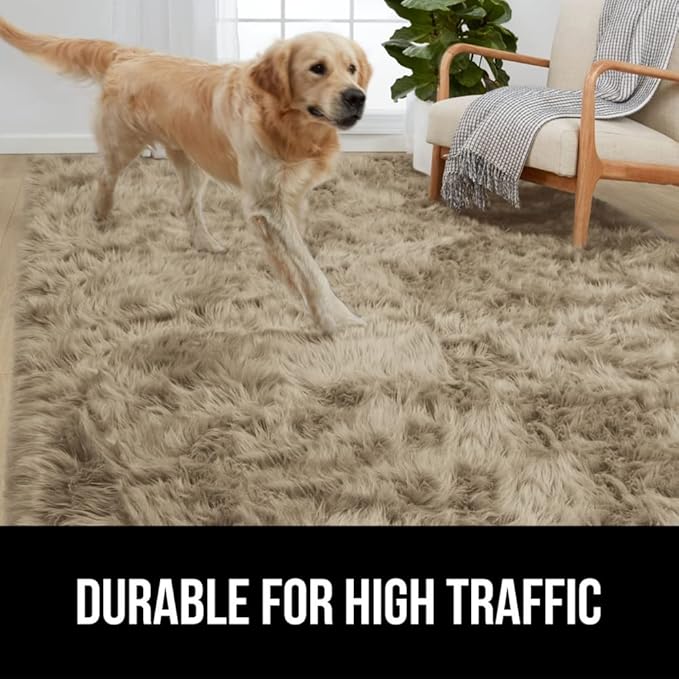 Gorilla Grip Fluffy Faux Fur Rug, 6x9, Machine Washable Soft Furry Area Rugs, Rubber Backing, Plush Floor Carpets for Baby Nursery, Bedroom, Living Room Shag Carpet, Luxury Home Decor, Beige