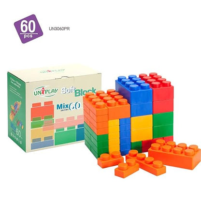 UNiPLAY Mix Soft Building Blocks - 60-Piece Set for Infant Early Learning, Cognitive Development, and Toddler Creative Play - Ages 3 Months+